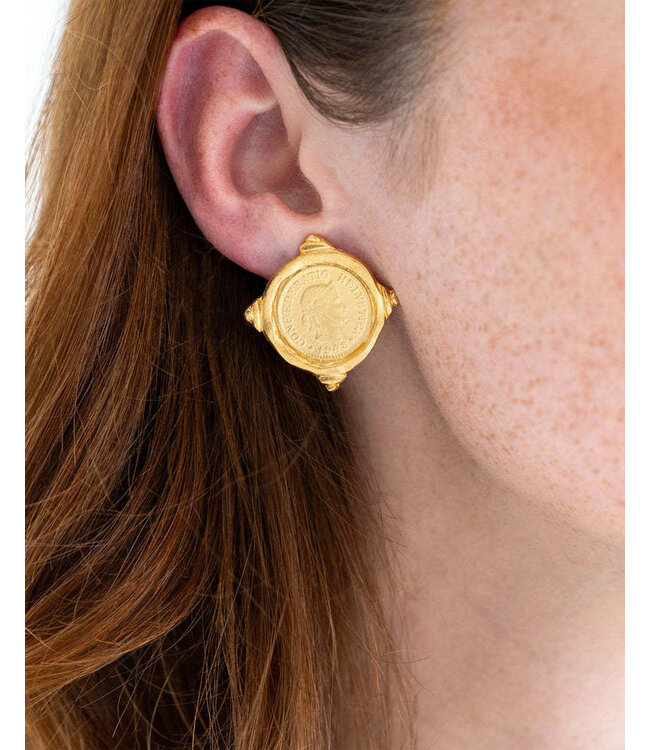 SUSAN SHAW Gold Intaglio Coin Pierced Earrings