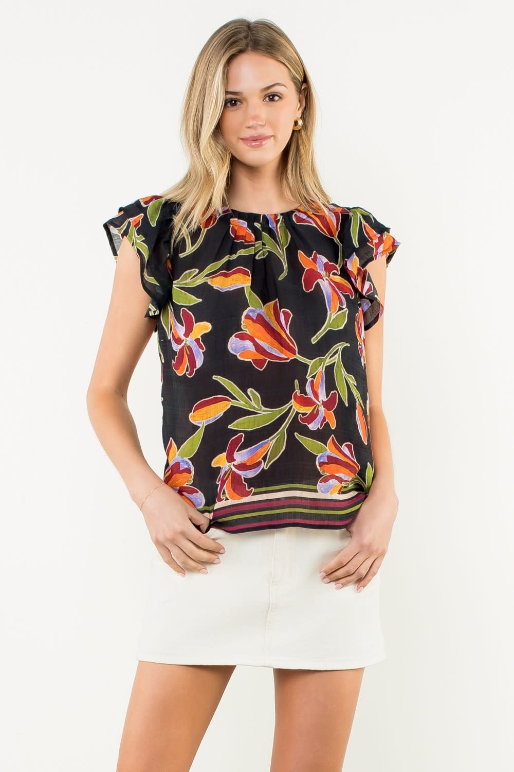 Flor Border Hem Flutter Sleeve Floral Top - Amber Marie and