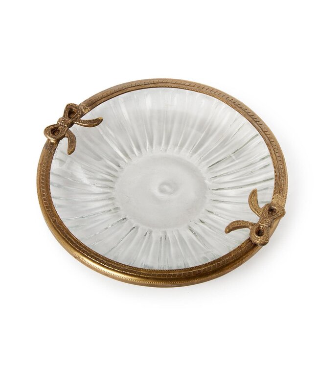 Antique Gold Finish Round Glass Trinket Tray w/Bow Accent