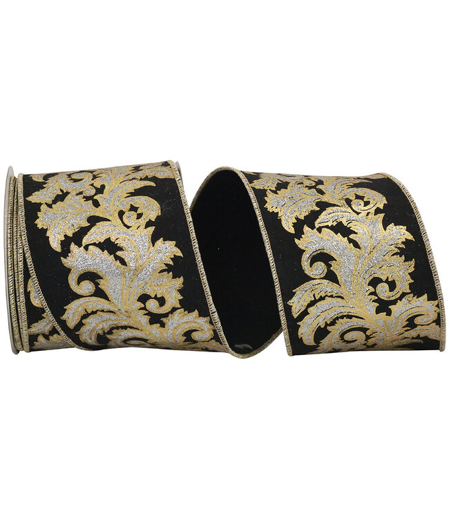 Leaf Filigree Deluxe Gold Outline Wired Edge Ribbon - Black/Silver