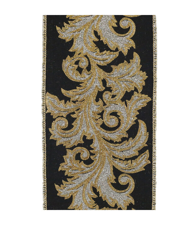 Leaf Filigree Deluxe Gold Outline Wired Edge Ribbon - Black/Silver