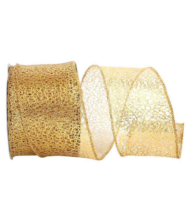 2.5 Inch Web Mesh Metallic Wired Edge Gold Ribbon
