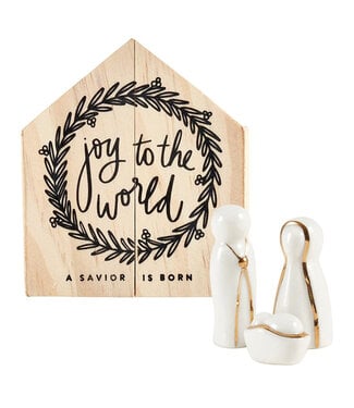 Ceramic Figurine Pine Wood Box Holy Family