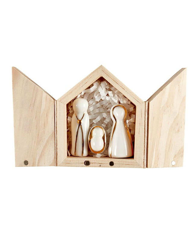 Ceramic Figurine Pine Wood Box Holy Family