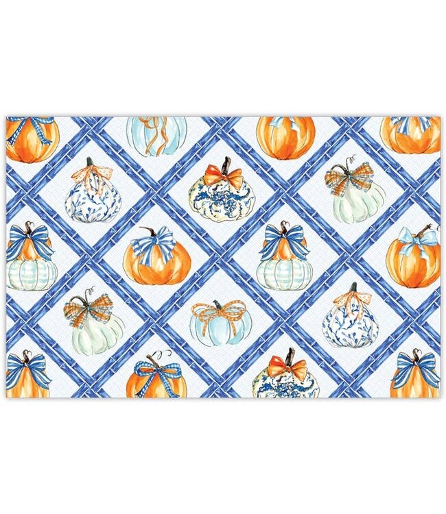 ROSANNE BECK COLLECTIONS Placemat-Handpainted Chinoiserie Pumpkins with Bows and Blue Bamboo