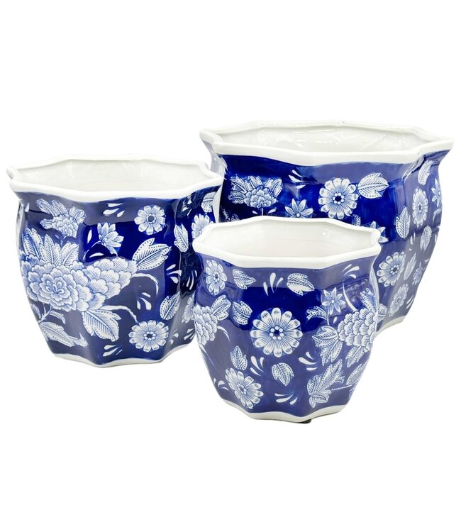 Ceramic Chinoiserie Planter Pot Dark Blue & White - Sold Individually