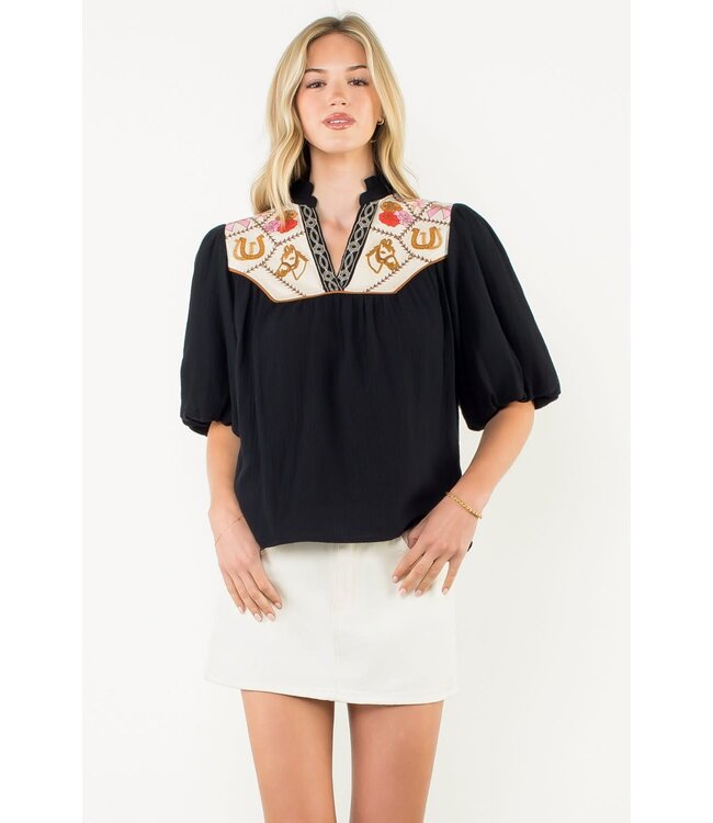 Gail Puff Sleeve Embroidery Detailed Neckline Top