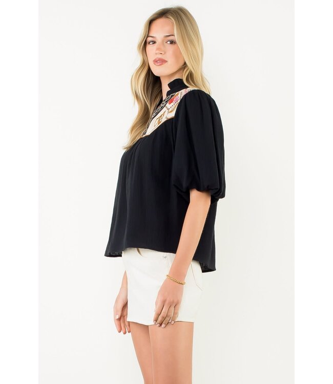 Gail Puff Sleeve Embroidery Detailed Neckline Top