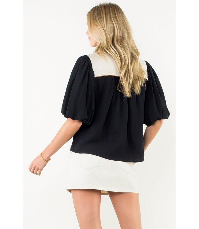 Gail Puff Sleeve Embroidery Detailed Neckline Top