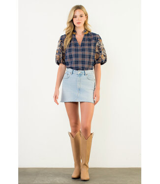 Gwen Embroidered Puff Sleeve Gingham Top