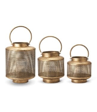 Gold Metal Mesh Lantern with Glass Hurricanes