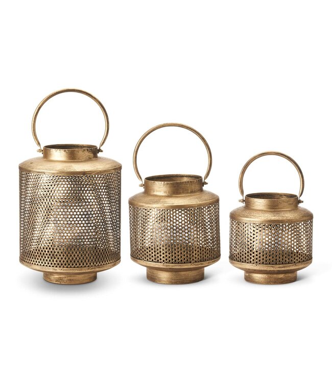 Gold Metal Mesh Lantern with Glass Hurricanes