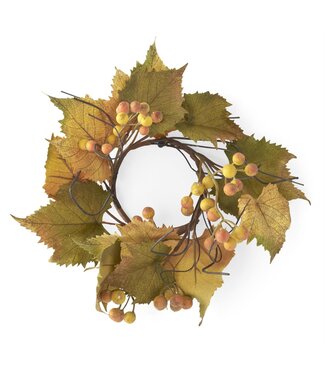 14 Inch Green & Yellow Trim Grape Leaves Candle Ring with Twig & Berries