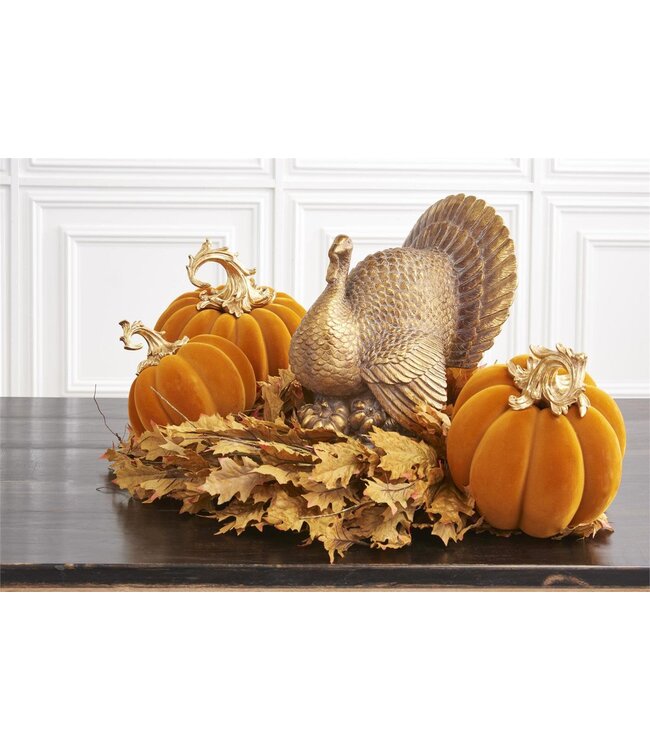 9.5 Inch Orange Velvet Pumpkin with Gold Filigree Stem