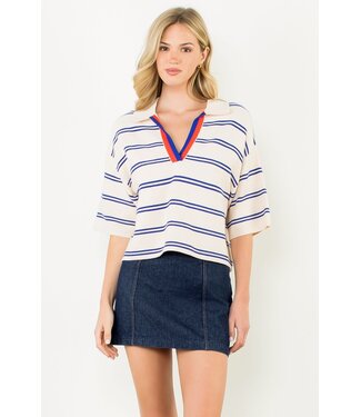 【Audire】Jane half-sleeve knit tops Jasmine Short Sleeve Striped Knit Top - Amber Marie and Company