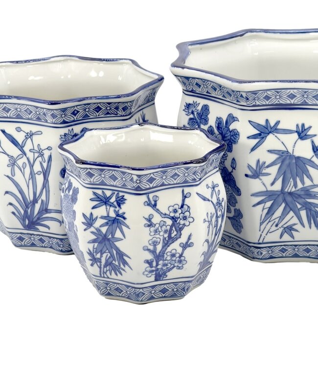 Ceramic Chinoiserie Planter Pot White & Blue Round Hex - Sold Individually