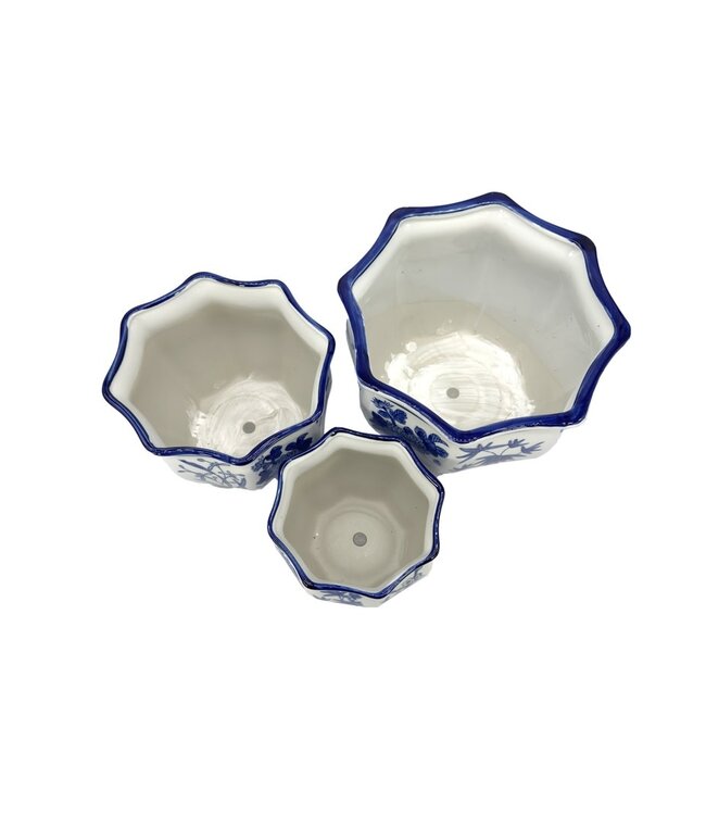 Ceramic Chinoiserie Planter Pot White & Blue Round Hex - Sold Individually