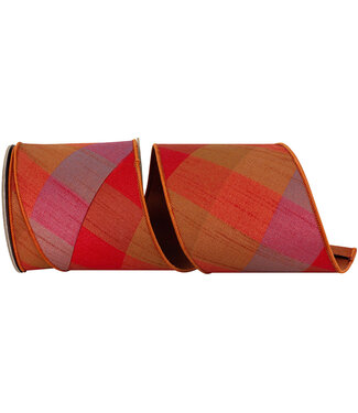 4 Inch Evening Flame Plaid Diagonal Deluxe Dupion Ribbon Wired Edge