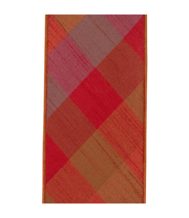 4 Inch Evening Flame Plaid Diagonal Deluxe Dupion Ribbon Wired Edge