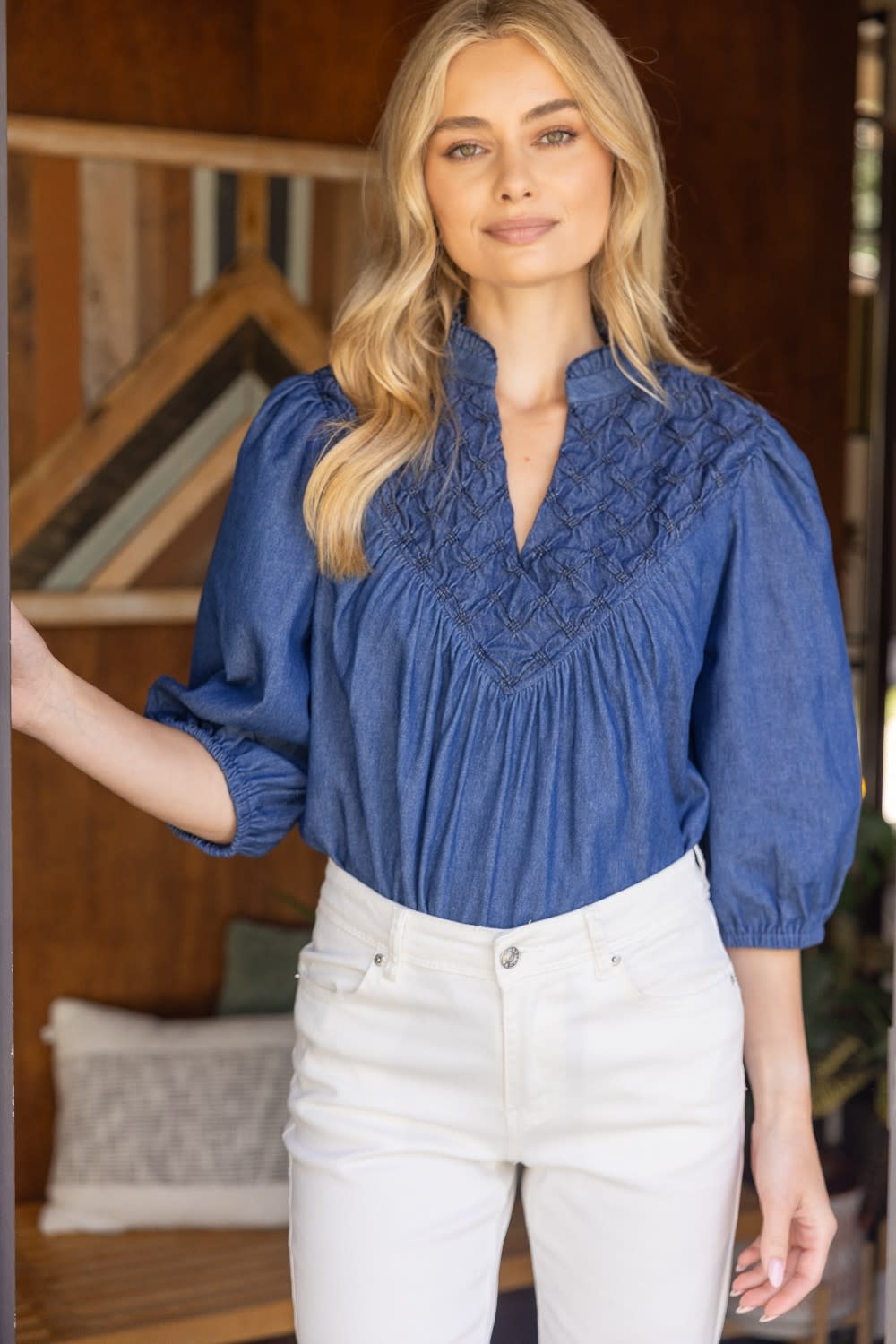 Vicky Diamond Textured Yoke Quarter Puff Sleeve Top - Amber