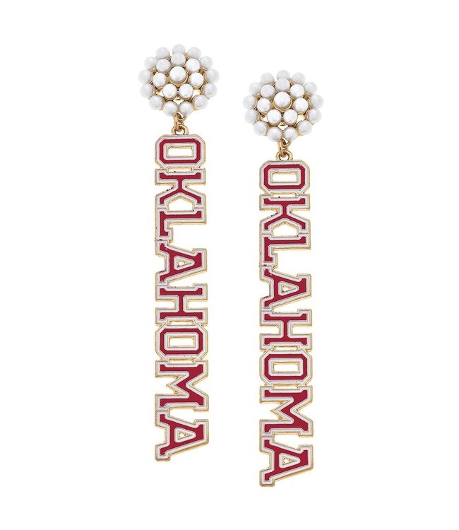 Oklahoma Sooners Pearl Cluster Outline Enamel Drop Earrings