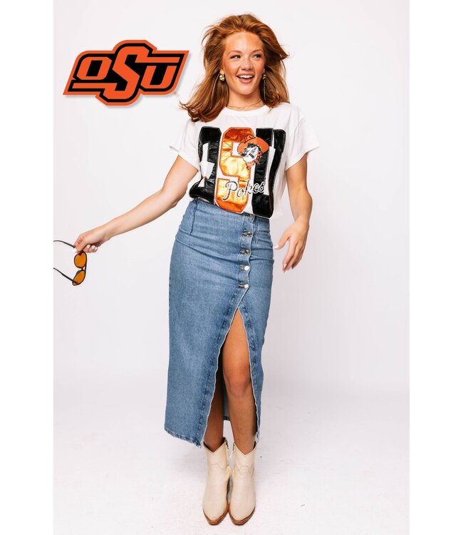 Alice Licensed Oklahoma State Metallic Word With Icons Tee