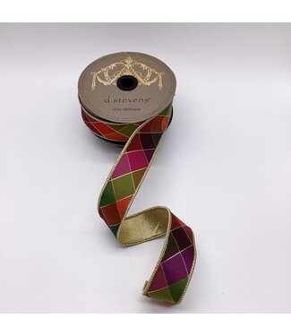 1.5“ x 10yds Dupion Colorful Stain Glass Check, Fuchsia Green Purple