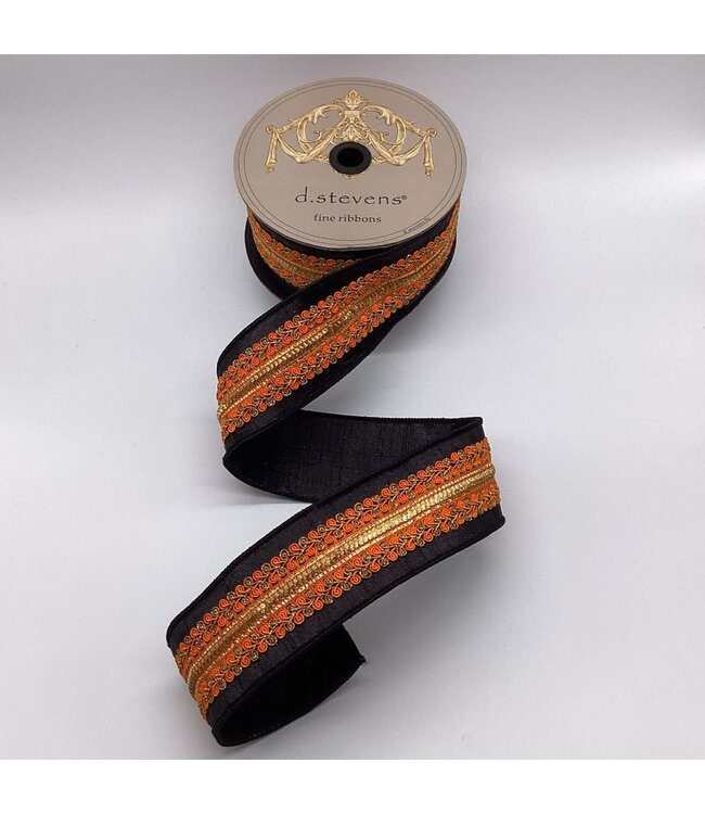 2.5“ x 10yds Metallic Dupion Orange Copper Center Trim, Black