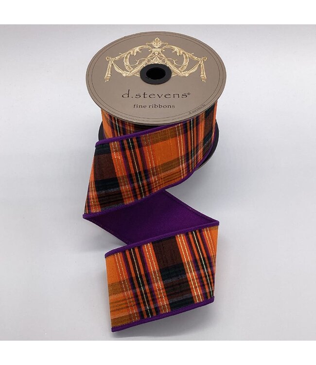 2.5“ x 10yds Dupion Salem Plaid Gold Lurex, Orange Black Purple