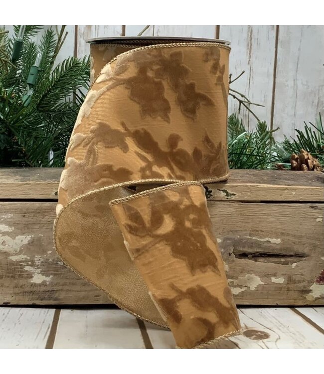 4“ x 10yds Velvet Sheer Gold Floral Garden, Gold