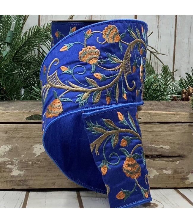 4" x 5yds Faux Dupion Orange Embroidery Floral, Blue
