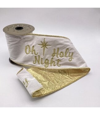 4" x 5yds Velvet Gold Embroidery O Holy Night, Winter White