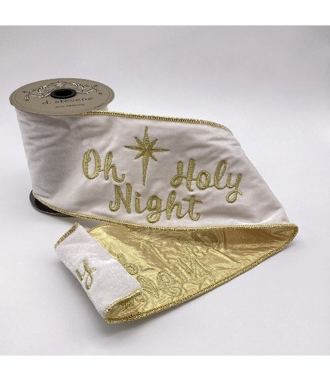 4" x 5yds Velvet Gold Embroidery O Holy Night, Winter White