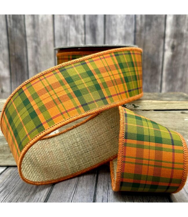 2.5” X 10yds Dupion/Burlap Autumn Plaid, Orange/Green