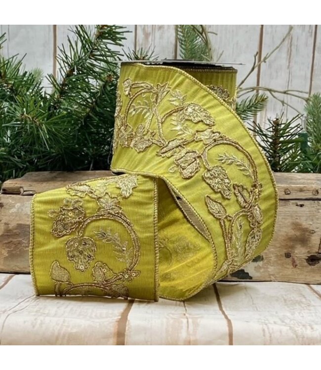 4“ x 10yds Dupion Embroider Leaves, Green