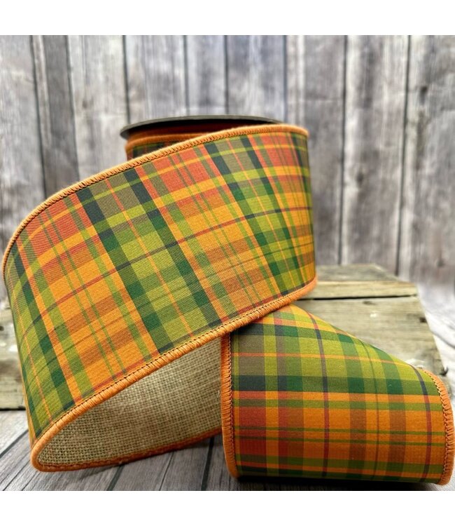 4“ x 10yds Dupion/Burlap Autumn Plaid, Orange/Green