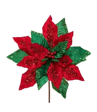 Red & Green Velvet Poinsettia Pick