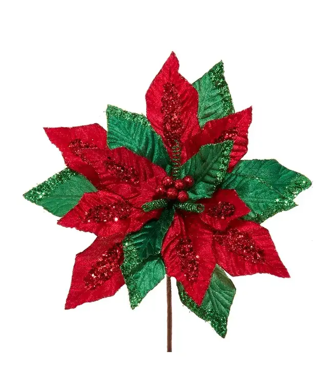 Red & Green Velvet Poinsettia Pick