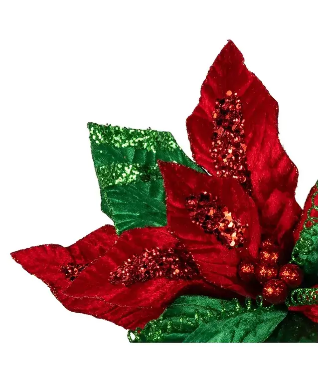 Red & Green Velvet Poinsettia Pick