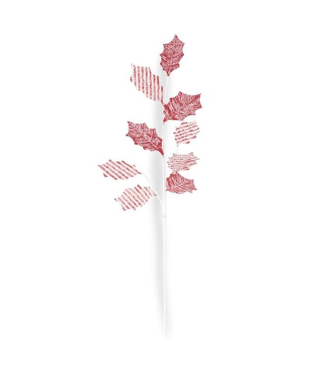 30 Inch Glittered Red & White Flocked Fabric Holly Leaf Stem