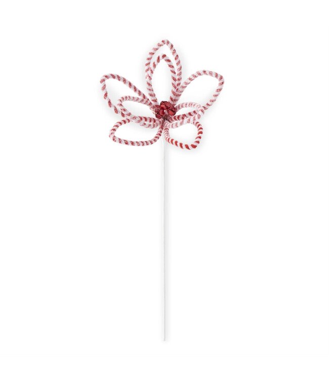 24 Inch Glittered Snowy Red & White Striped Poinsettia Stem With Bell