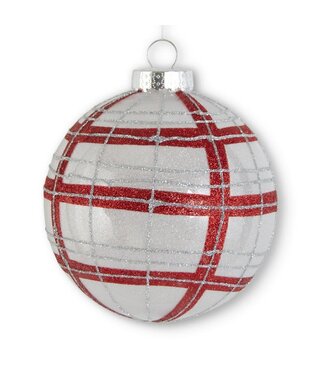 6" GLITTER RED AND SLIVER PLAID SHATTERED PROOF ORNAMENT