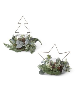 9 Inch Glittered Pine & Metal Candleholder