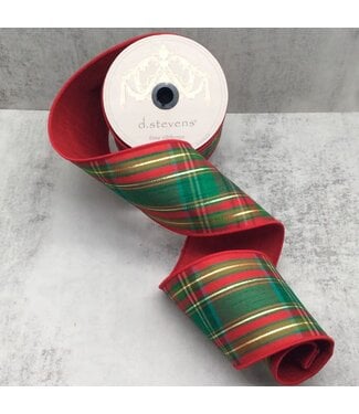 4" x 10yds Dupion Juniper Plaid Metallic Gold Thread, Dark Green Moss Green Red