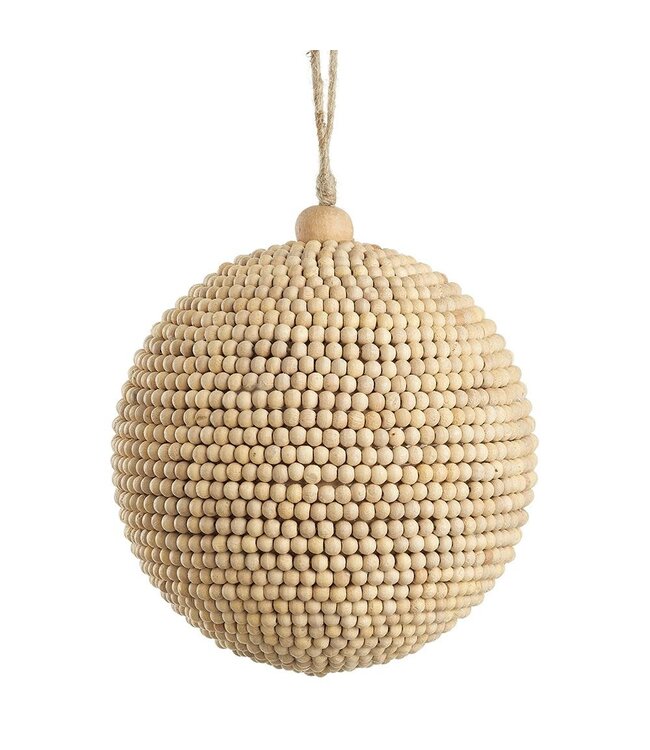 5" Wood Bead Ball Ornament Beige
