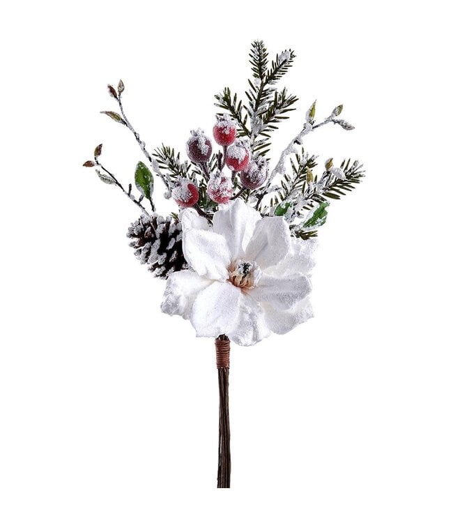 20" Snowed Magnolia/Berry/Pine Bouquet White
