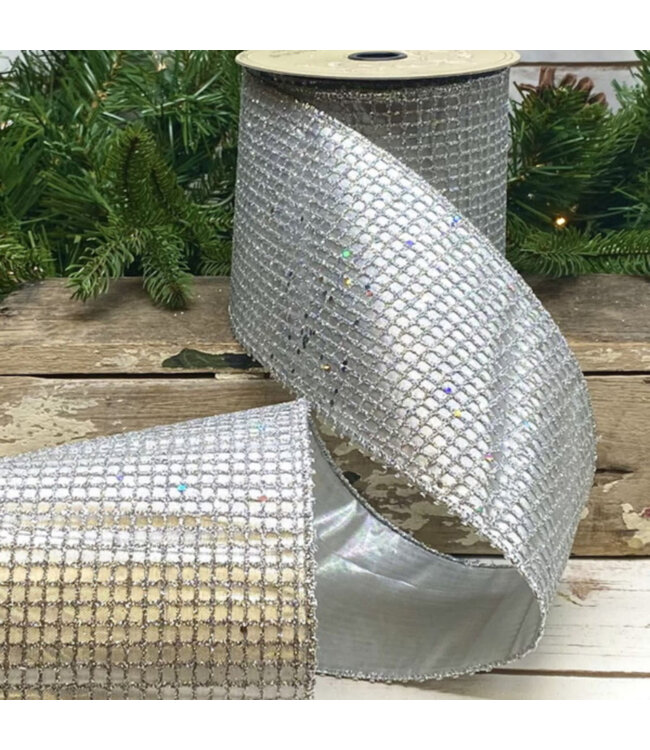 4" x 10yds  Metallic Lame Glitter Mesh - Platinum/Silver