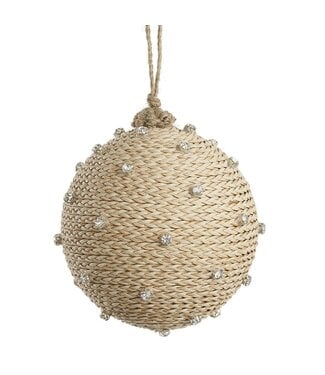 5" Jewelled Braided Reed Ball Ornament Beige Silver