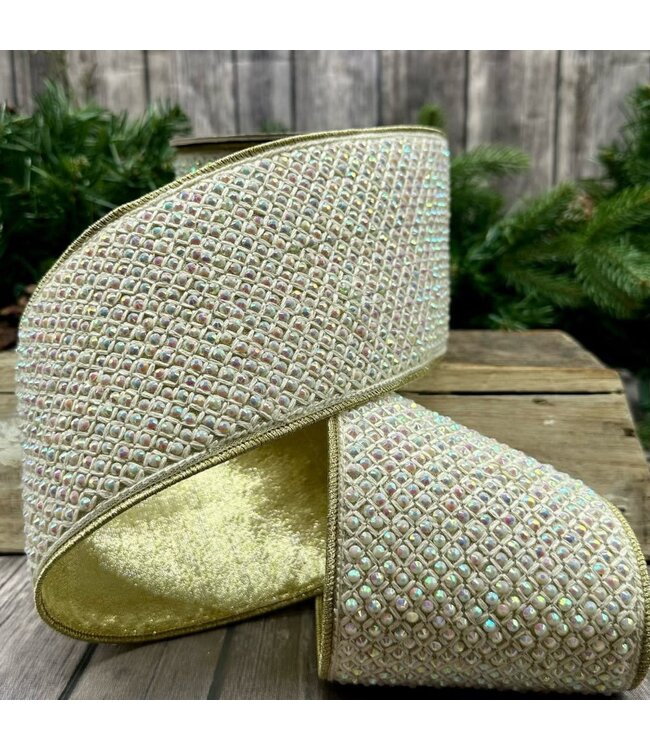 4" X 5yds Metallic Dupion Iridescent Jewel Macrame, Vanilla