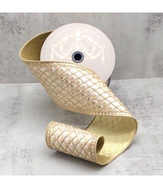 4.5" x 10yds Dupion Bourges Gold Sequin Bullion Trim, Winter White
